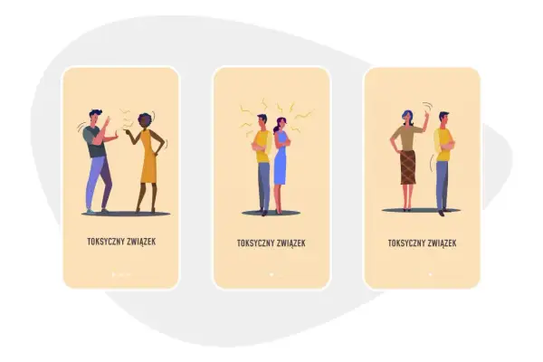 Ilustracje pokazują pary w konfliktach, symbolizujące 6 typowych zachowań w toksycznym związku.
