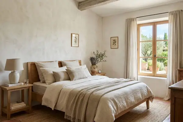 Chambre paisible avec un lit douillet, des coussins texturés et un mur à l'enduit décoratif subtil. La lumière naturelle filtre par la fenêtre, révélant un jardin verdoyant.