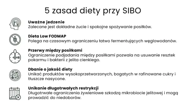 5 zasad diety przy SIBO: uważne jedzenie, dieta Low FODMAP, przerwy między posiłkami, dbanie o jakość diety, unikanie długotrwałych restrykcji.