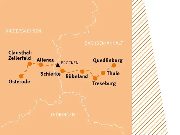 Karte zeigt die Etappen des Harzer Hexenstiegs: Osterode, Clausthal-Zellerfeld, Altenau, Schierke, Brocken, Rübeland, Thale, Treseburg, Quedlinburg.