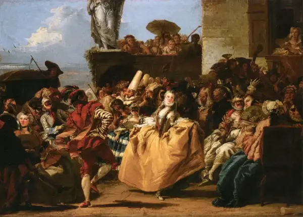 Folla mascherata in festa, un'antica scena che evoca il carnevale origine, con dame e cavalieri in costumi sfarzosi.