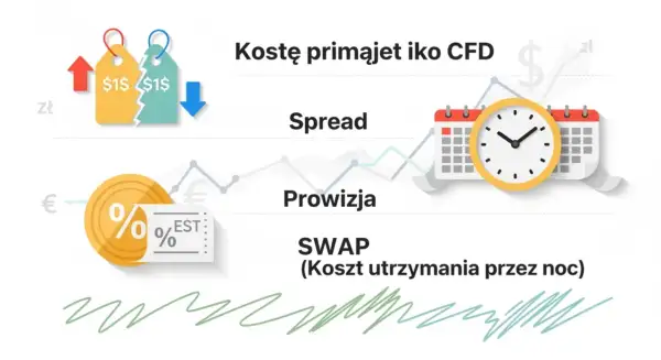 Koszty CFD: spread, prowizja, swap (koszt utrzymania przez noc). Wykresy i ikony symbolizują handel.