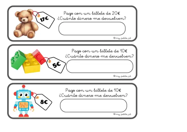 Problemas euros primaria para imprimir: oso (17€), bloques (5€), robot (8€). Calcula el cambio con billetes de 10€ o 20€.