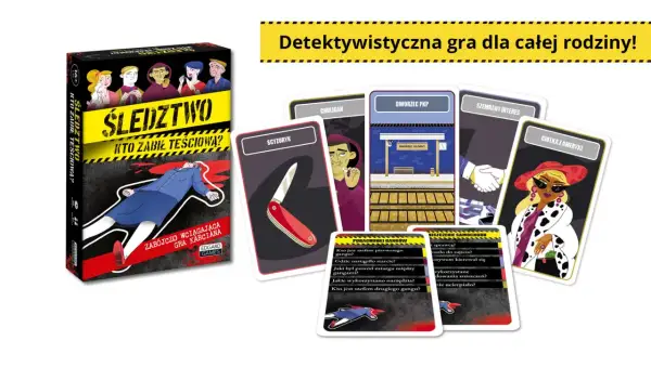 Gra "Śledztwo: Kto zabił teściową?" z kartami postaci, miejsc i narzędzi zbrodni. Rozwikłaj zagadkę morderstwa!