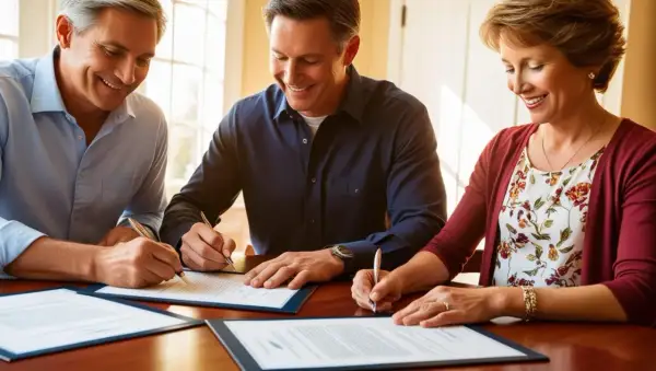 Pareja sonriente firma documentos, quizás para una hipoteca inversa La Caixa, asegurando su futuro financiero.