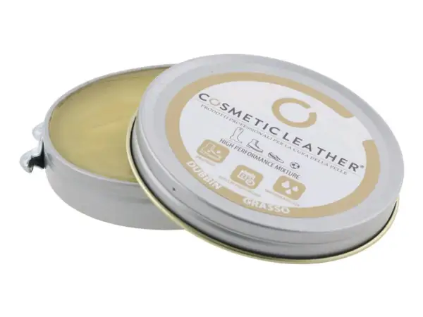 Boîte ouverte de graisse pour chaussures en cuir, "Cosmetic Leather", pour nourrir et imperméabiliser.