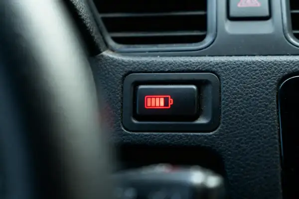 Voyant batterie rouge sur le tableau de bord d'une voiture, indiquant une faible autonomie.