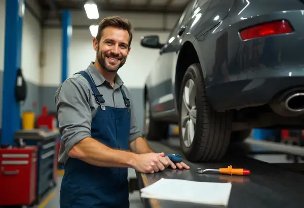 Un mécanicien souriant dans un garage libre service pour réparer soi-même, prêt à aider avec votre voiture.