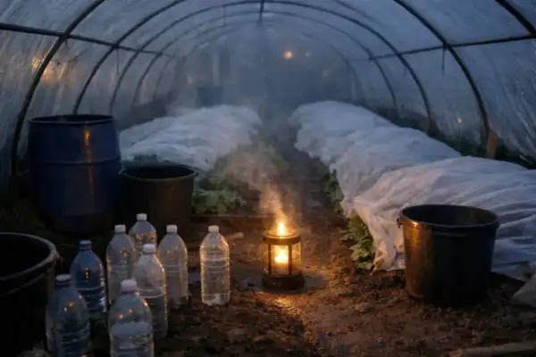 Wewnątrz tunelu foliowego, w chłodny wieczór, płonie lampa naftowa, ogrzewając rośliny. Wokół stoją butelki z wodą i wiadra, pomagając w utrzymaniu ciepła.