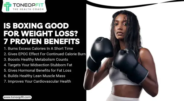 A woman in boxing gloves is shown, highlighting the 7 proven boxing benefits for weight loss, including calorie burn and metabolism boost.