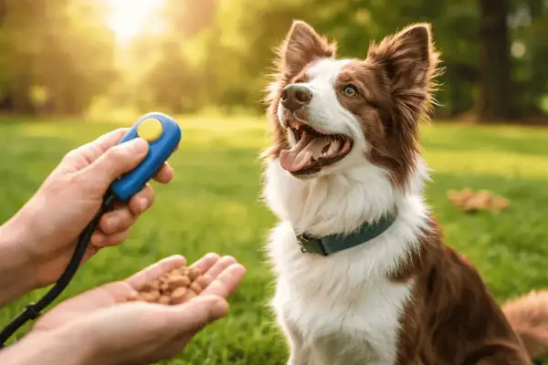 Ein Hund freut sich auf Leckerlis beim Clickertraining im Sonnenschein.