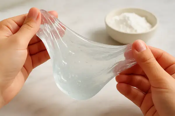 Hände dehnen durchsichtigen, blubbernden Schleim. Im Hintergrund eine Schüssel mit Pulver, ein Hinweis auf die Slime-Zutaten.