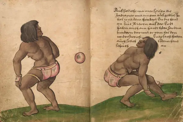 Ilustracja przedstawia dwie postacie grające w piłkę, z tekstem w języku niemieckim.