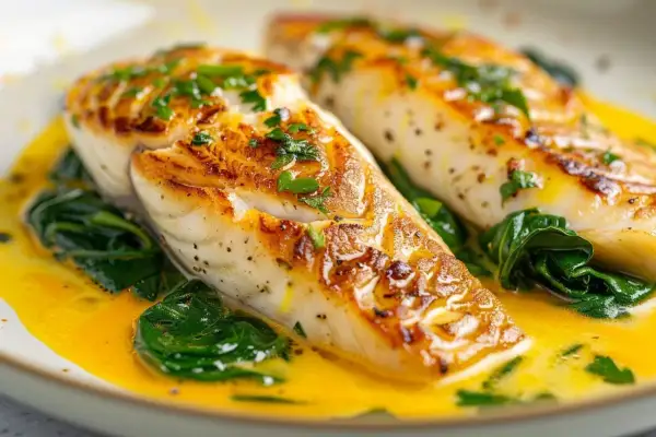 Deux filets de saint-pierre dorés, servis sur des épinards dans une sauce onctueuse. Parfait pour le temps de cuisson saint-pierre au four.