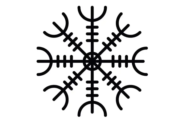 En svart, stiliserad bild av en kompassros, en av de mest kända fornnordiska symbolerna. Den ser ut som en stjärna med åtta spetsar, där varje spets har en unik form.