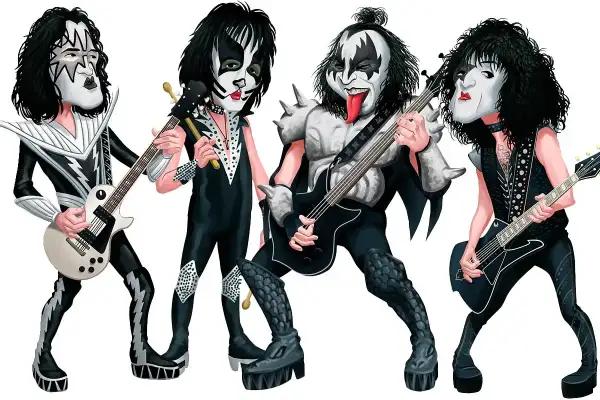 I quattro membri della i kiss band, con i loro iconici costumi e trucco, suonano i loro strumenti.