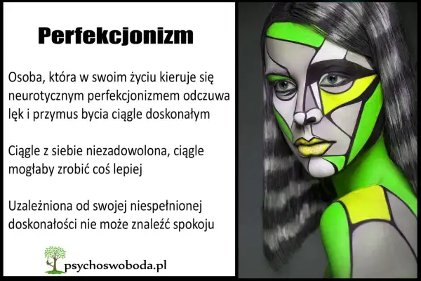 Kobieta z geometrycznym makijażem, symbolizującym perfekcjonizm kliniczny. Ciągłe dążenie do ideału rodzi lęk i niezadowolenie.