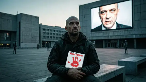 Mężczyzna trzyma książkę "Rok 1984" George'a Orwella. Na ekranie w tle widnieje twarz Wielkiego Brata.