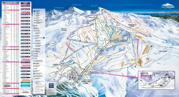 Mapa de pistas de esquí de Sierra Nevada, con detalles de remontes, zonas de esquí y servicios. Incluye el pueblo de Pradollano.