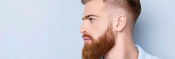 Un homme au profil droit, avec une barbe rousse soignée, tailler sa barbe en dégradé. Ses cheveux sont courts sur les côtés.