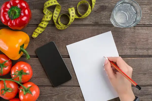 Zapisuję ile kcal na kg masy. Warzywa, taśma miernicza, telefon i notatnik na drewnianym blacie.