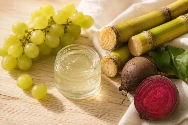 Un frasco con gel transparente, uvas verdes, caña de azúcar y remolacha. ¿Qué es la glicerina? Se obtiene de fuentes naturales como estas.