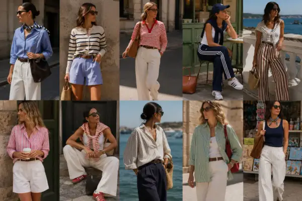 Frauen in gestreiften Outfits, perfekt für eine summer chic hochzeit. Leichte Stoffe und maritime Akzente.