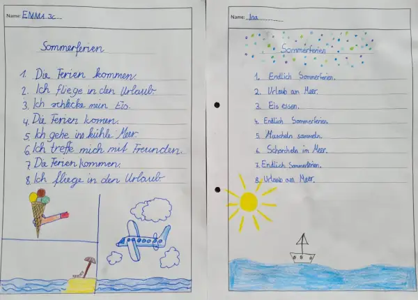 Zwei Kinder beschreiben ihre Ferienerlebnisse Grundschule: Urlaub am Meer, Eis essen und mit Freunden spielen.