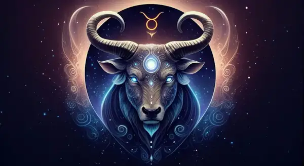 Mistyczny Byk, znak zodiaku od 20 kwietnia do 20 maja, otoczony kosmiczną poświatą i gwiazdami.