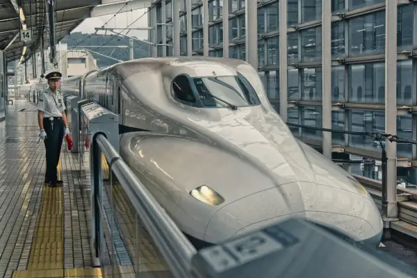 Na peronie stoi konduktor obok najszybszej kolejki na świecie, Shinkansen, gotowej do podróży.