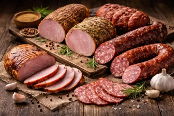 Na stole leżą pyszne wędliny bez konserwantów: pieczone szynki, kiełbasy i pasztety. Aromatyczne zioła i czosnek podkreślają ich naturalny smak.