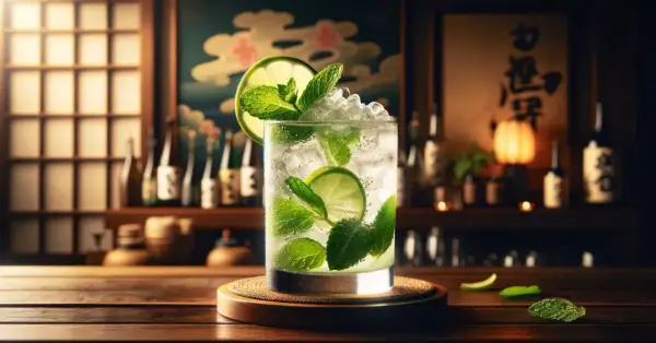 Orzeźwiające drinki z sake, z limonką i miętą, w klimatycznym barze.