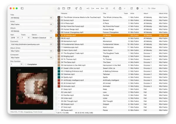This Mac app shows how to edit MP3 files, displaying track details for Nils Frahm's "All Melody" album.