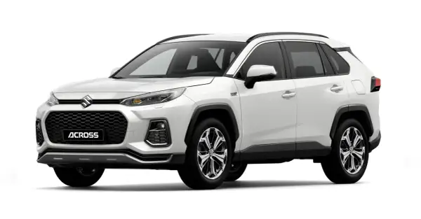 Biały Suzuki Across z czarną atrapą chłodnicy i napisem "ACROSS". Stylowy SUV gotowy na każdą podróż.