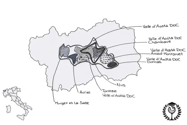Mappa della Valle d'Aosta con indicazione delle zone di produzione dei vini DOC: Chambave, Arnad-Montjovet, Donnas, Morgex et La Salle, Avrier, Torrette e Nus.