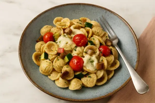 Orecchiette-Nudeln mit Kirschtomaten, Zucchini und geschmolzenem Käse. Ein köstliches Gericht, das zu den besten Orecchiette Rezepten zählt.