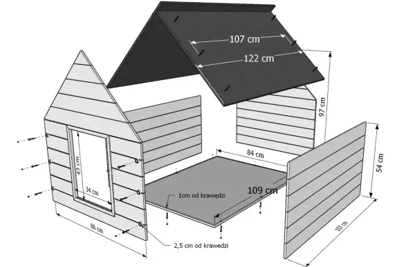 Wymiary budy dla owczarka niemieckiego: podstawa 109x84 cm, wysokość 97 cm, dach 122x107 cm. Okno 43x34 cm.