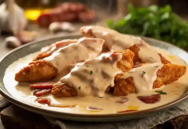 Morceaux de poulet pané nappés d'une onctueuse sauce crémeuse avec des morceaux de chorizo.