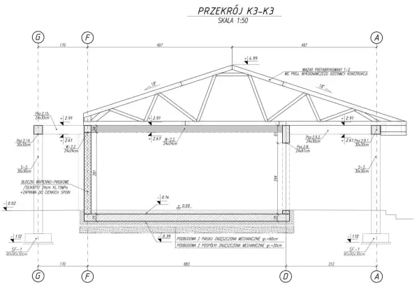 Przekrój K3-K3: szczegółowy projekt wykonawczy i techniczny konstrukcji dachu z wiązarem prefabrykowanym.