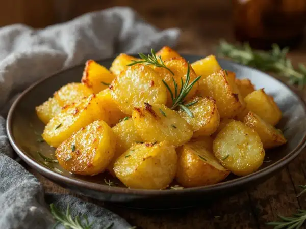 Assiette de pommes de terre rôties dorées, garnies de romarin frais. Une délicieuse recette pomme de terre pour un repas réconfortant.