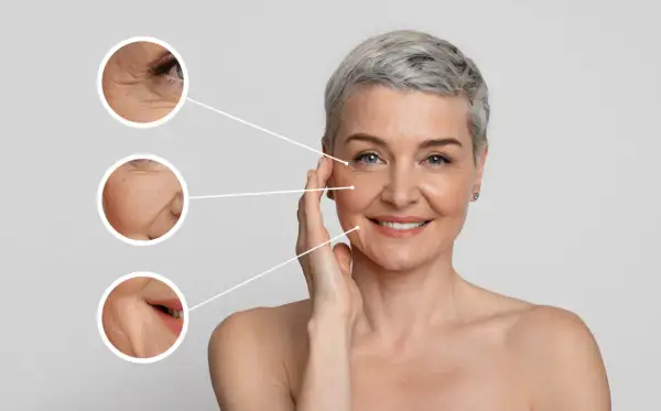 Mujer sonriente con piel madura. Se muestran primeros planos de arrugas en ojos, mejillas y boca, sugiriendo tratamientos para quitar arrugas frente y otras zonas.
