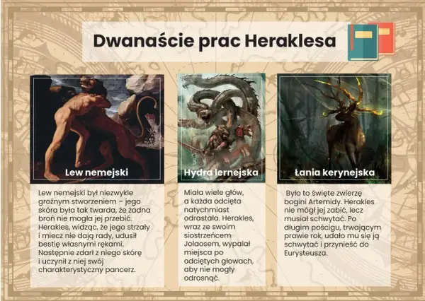 Trzy sceny z dwunastu prac Heraklesa: walka z lwem, hydrą i łanią.