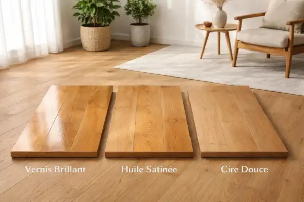 Comparaison de finitions pour le bois : vernis brillant, huile satinée et cire douce.