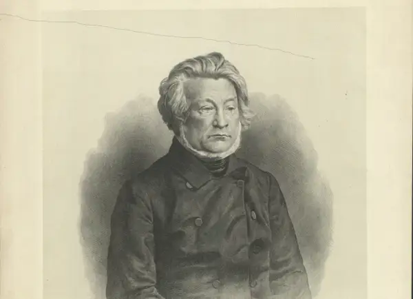 Portret mężczyzny w stroju z epoki, z bujnymi włosami i bokobrodami, w ciemnej marynarce.