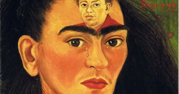 Portret Fridy Kahlo, z wizerunkiem jej męża, Diego Rivery, w jej głowie. Tytuł "Diego y yo" widoczny w rogu.