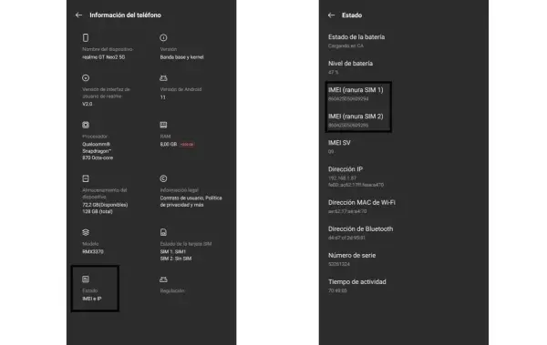Información del teléfono: Estado del móvil con IMEI para SIM 1 y SIM 2.