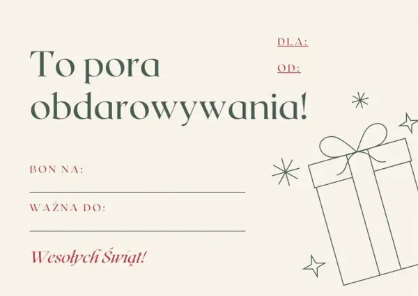 Darmowy voucher wzór do pobrania. Idealny na prezent, z miejscem na wpisanie "Bon na:", "Ważna do:", "Dla:" i "Od:".