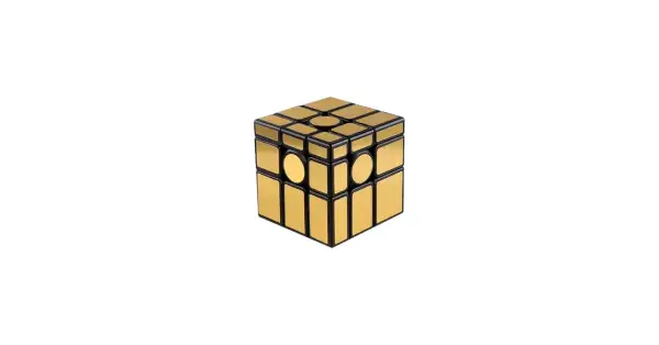 Złoty mirror cube, błyszczący jak lustro, z czarnymi ramkami i okrągłymi elementami.