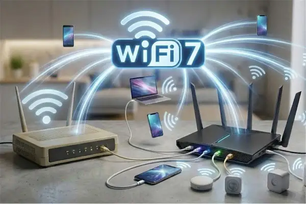 Des routeurs modernes diffusent le **wifi 7** vers des smartphones et un ordinateur portable, symbolisant une connectivité avancée et rapide.