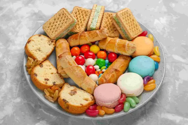 Talerz pełen słodyczy: ciasta, ciasteczka, makaroniki, cukierki żelki i draże.